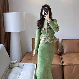 2025冬小香风气质女装套装女名媛时尚中长款鱼尾包臀裙两件套1877