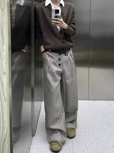 Old Money Flannel-Buttoned A-Line Pants for Men and Women, American Retro High Street Relaxed Fashion Loose Wide-leg Pants