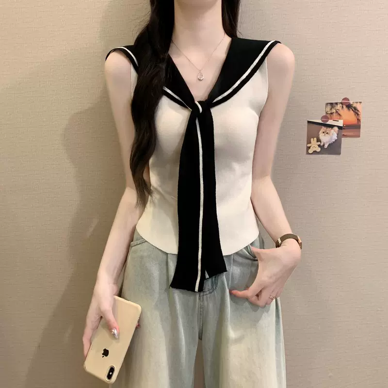 撞色海军领针织衫无袖上衣女冰丝夏季修身假两件披肩背心上衣2025