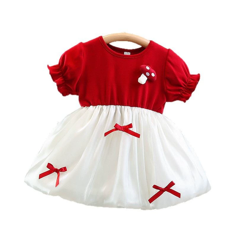  Summer children's short sleeve dress, girl's skirt with bow, with short sleeve