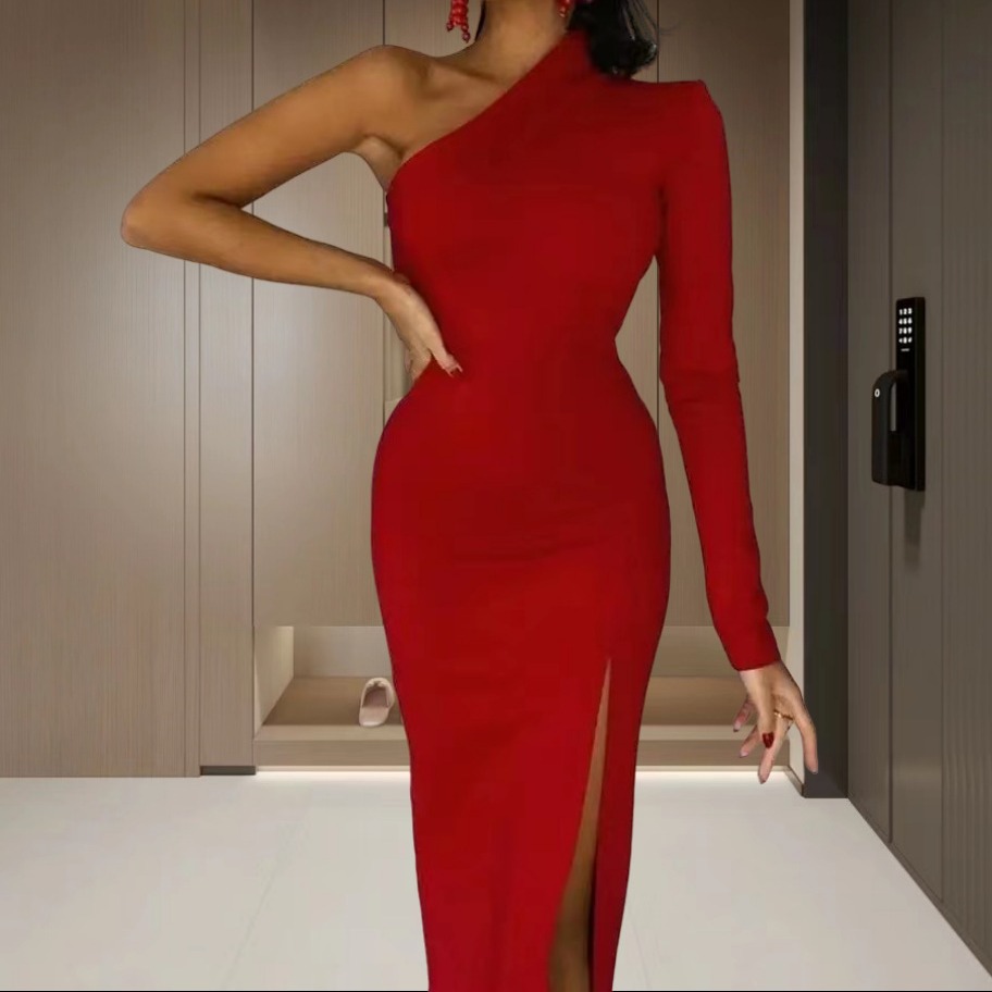 Wish亚马逊速卖通2024欧美女装单肩性感开叉修身气质包臀连衣裙