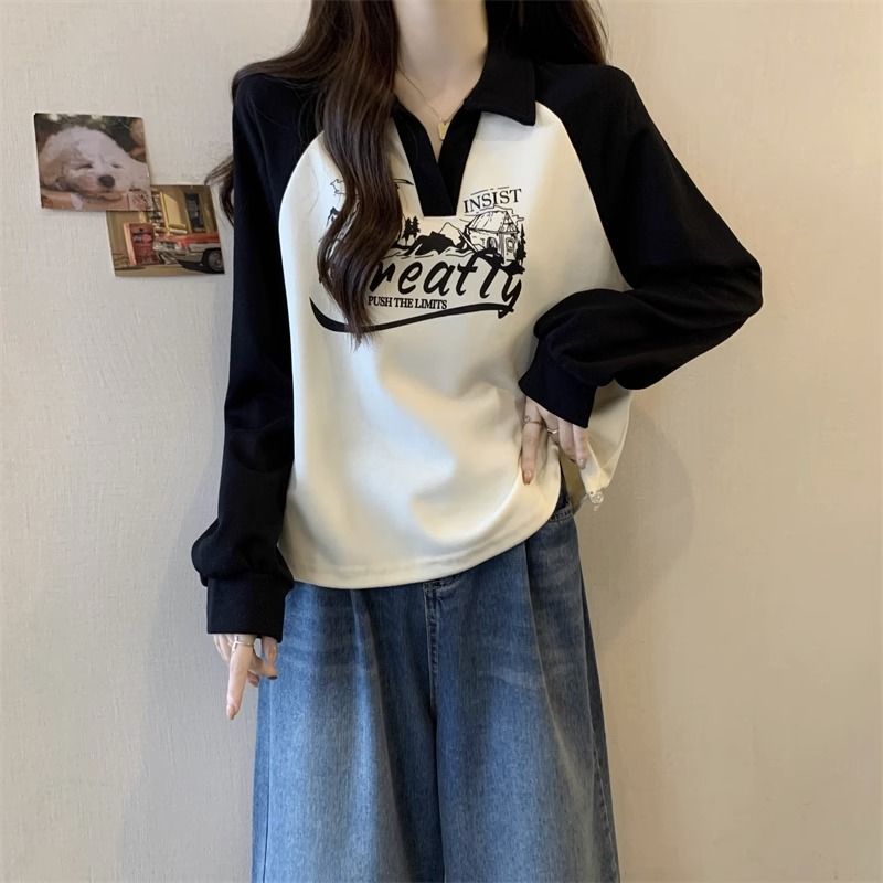 卫衣女2024春秋薄款大码胖mm宽松显瘦美式复古时尚洋气polo领上衣