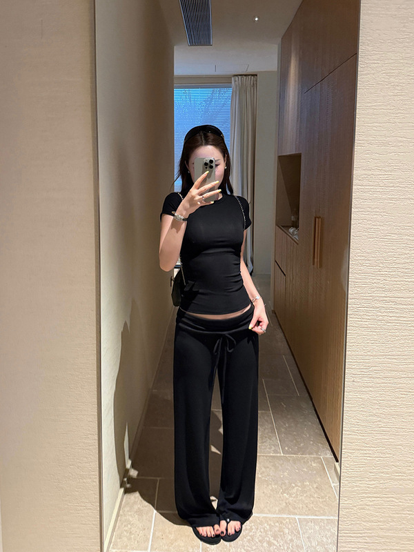 抽绳系带垂垂裤女2025新款针织垂感松弛慵懒风显瘦直筒窄版休闲裤|undefined