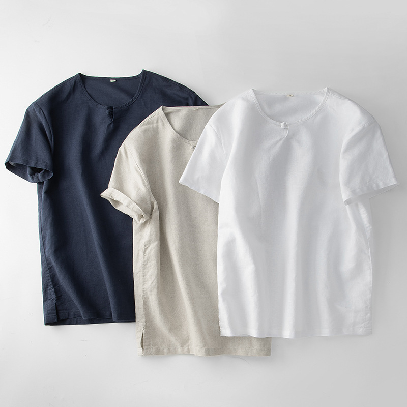 Summer Chinese Style Cotton and Linen Short-Sleeved T-Shirt Men's Linen Shirt Retro Linen Button Half-Sleeved Top White