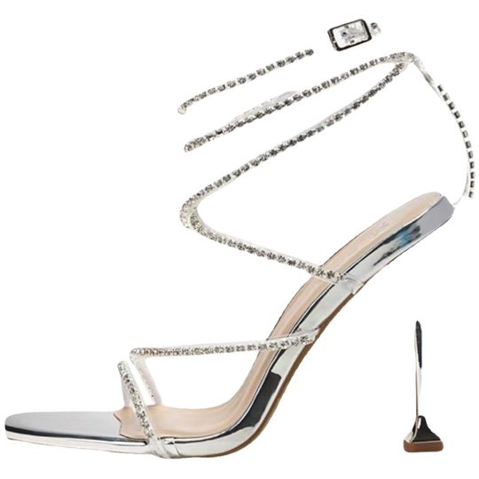 One strap high heel shoes 2023 Summer silver rhinestone sandals fairy open toe snake-shaped winding strap buckle stiletto heel