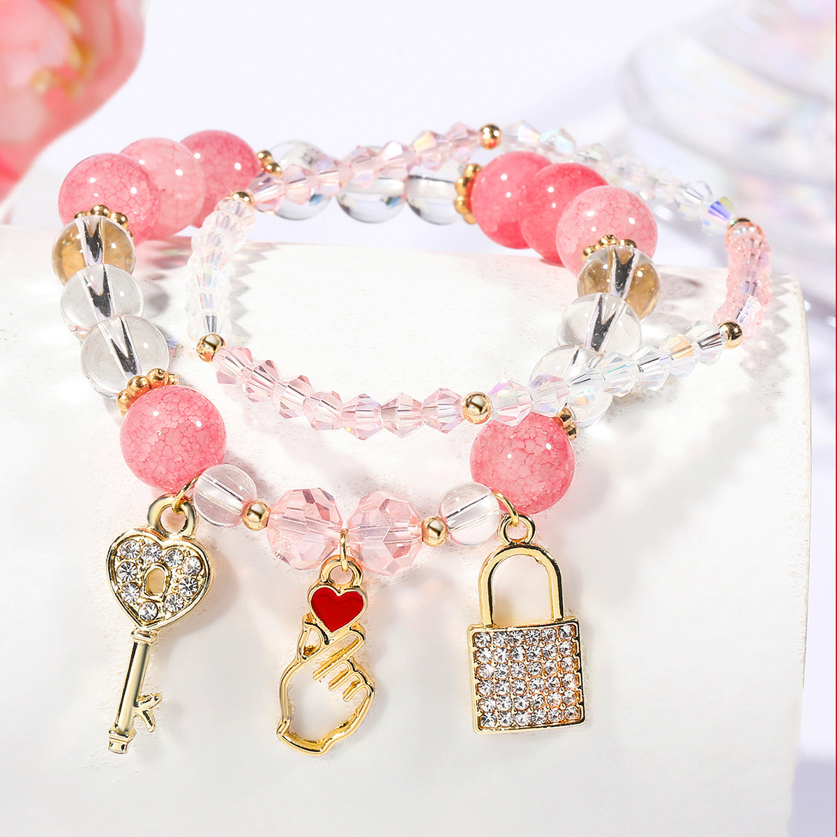 fashion geometric two-piece peach pollen transfer beads bracelet