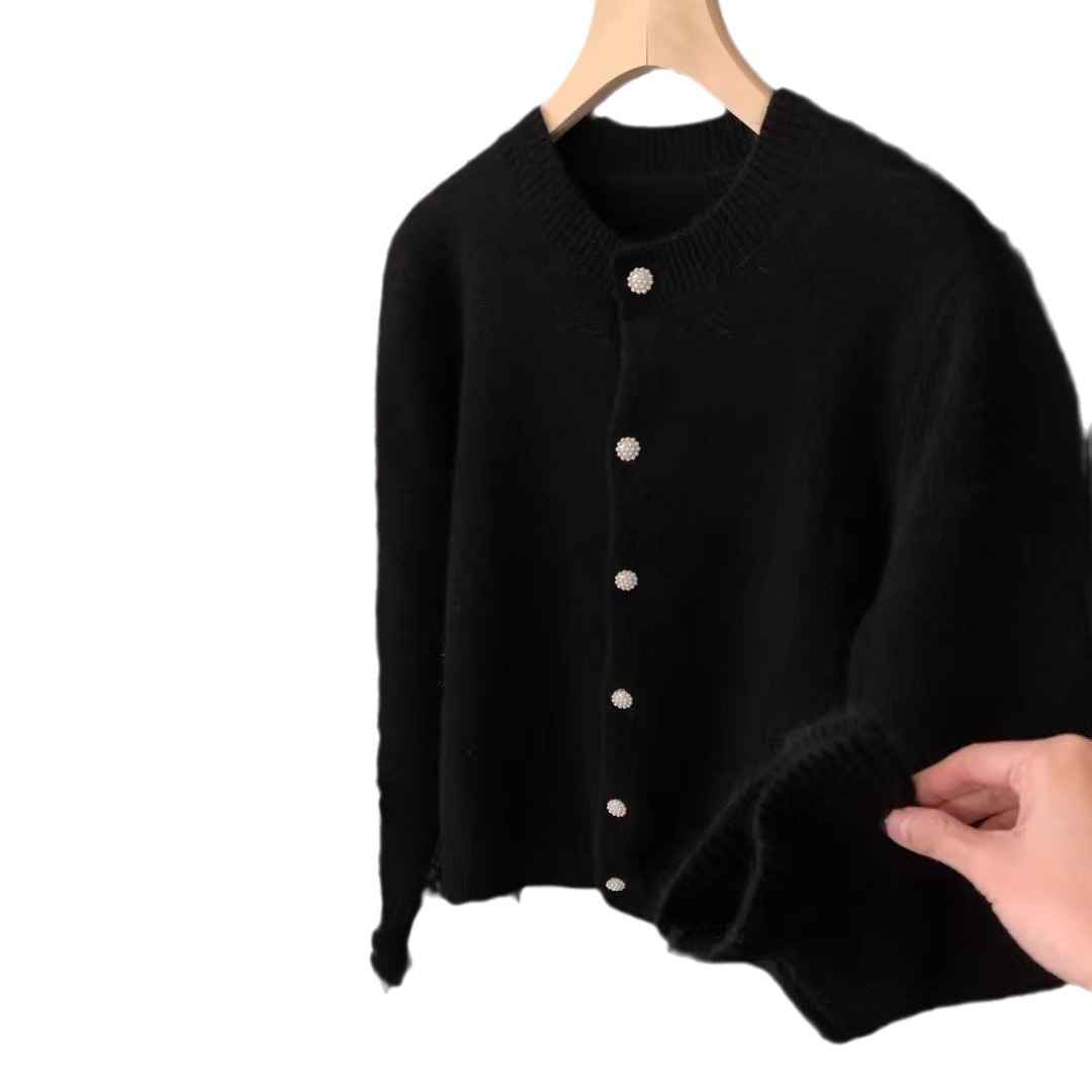 Cardigan coreano in velluto con scollo rotondo e maniche ricamate viola da donna, piccolo cappotto lavorato a maglia profumato primaverile_voghion.com