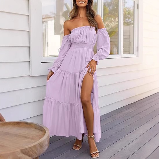 2025 Bohemian Sexy Off-Shoulder Long Sleeve Smocked High Waist Side Split Flowy A-Line Tiered Long Dress 2025 Bohemian Sexy Off-Shoulder Long Sleeve Smocked High Waist Side Split Flowy A-Line Tiered Long Dress