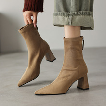7.0cm气质通勤尖头短靴女2025秋冬新款粗高跟后拉链弹力瘦瘦靴子