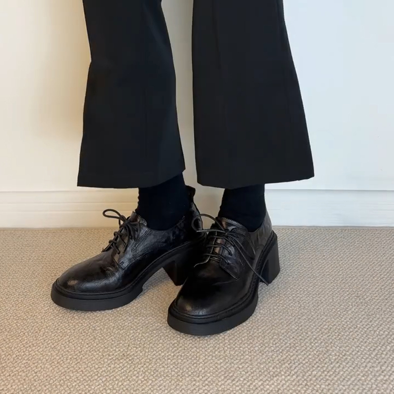 Cowhide Version ~ British Style Retro Thick-Soled Chunky High-Heeled Loafers for Women, Versatile Height-Increasing Round-Toe Lace-Up Leather Shoes Cowhide Version ~ British Style Retro Thick-Soled Chunky High-Heeled Loafers for Women, Versatile Height-Increasing Round-Toe Lace-Up Leather Shoes