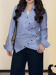 大码韩系学院风条纹长袖衬衫女秋季胖mm显瘦设计感小众别致上衣