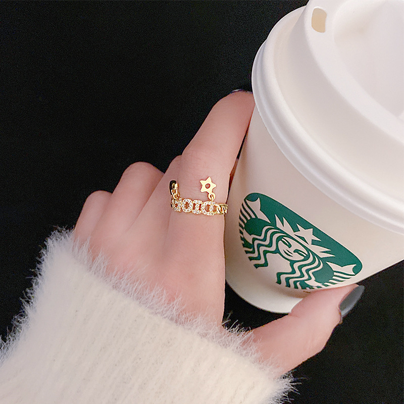 2025 New Korean Style Five-pointed Star Zircon Ring Women's Fashionable Personalized Internet Popular Ins Trendy Alphabet Love Finger Ring