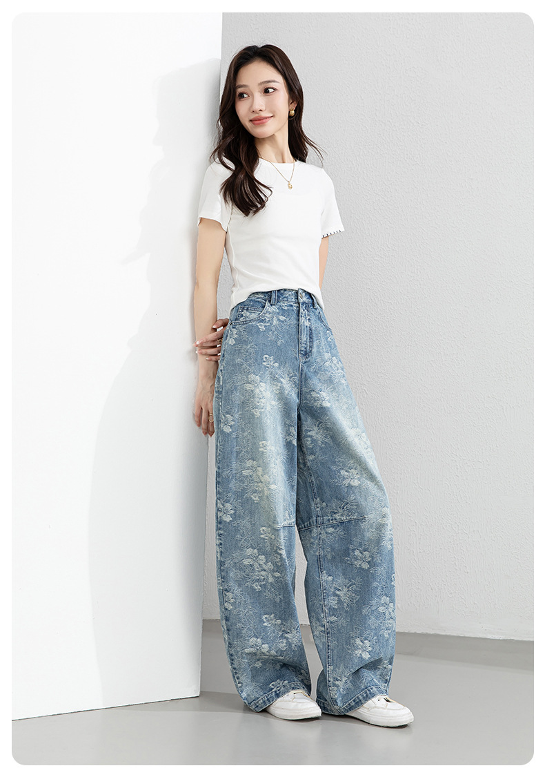 Quần jean nữ ống rộng cạp cao họa tiết jacquard kiểu Trung Hoa mới — xanh lam chi tiết 23