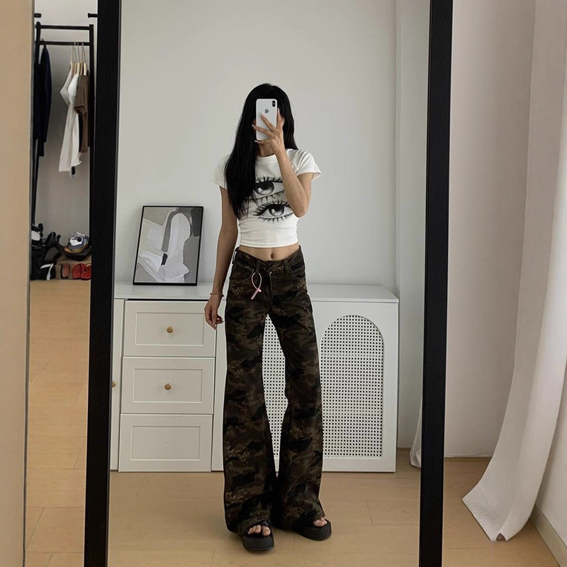 美式复古迷彩工装微喇牛仔裤女秋季低腰不贴腿马蹄喇叭裤拖地裤子|undefined