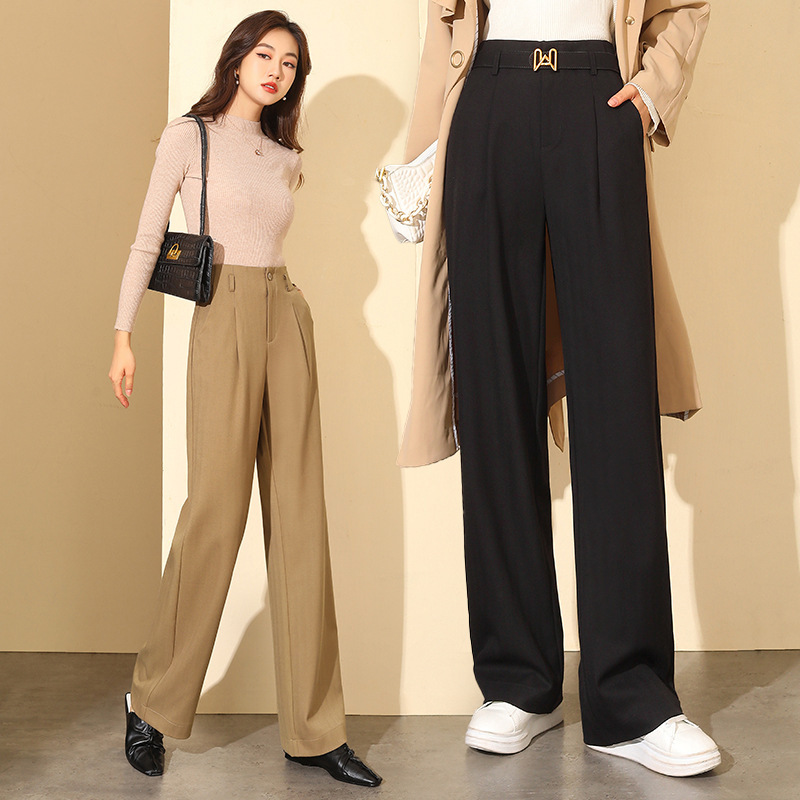 Brand Summer Korean Style Trendy Wide-Leg Pants for Women, Tencel Wool Versatile High-Waisted Casual Pants, Loose Slimming Straight-Leg Pants