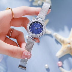 Diamond-studded whirlwind fashionable ladies' watch for women, student, light luxury, niche, blue mother-of-pearl Milan with mesh strap, dropshipping one piece
