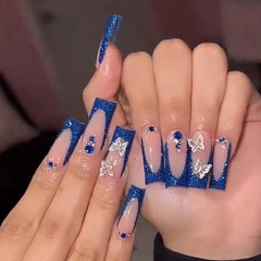 Long Ballet Nails Flashing Blue French Silver Butterfly Sapphire Blue Diamond Wearable Manicure Finished Manicure Pieces