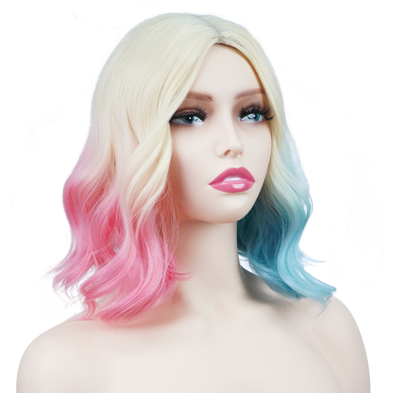 Perruque synthétique en fibre de cosplay pour Halloween, cheveux courts et bouclés colorés, ensemble de tête complète_voghion.com