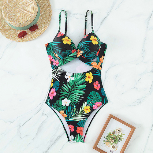 European and American floral small bust gathering one-piece swimsuit triangle conservative slimming bikini for women