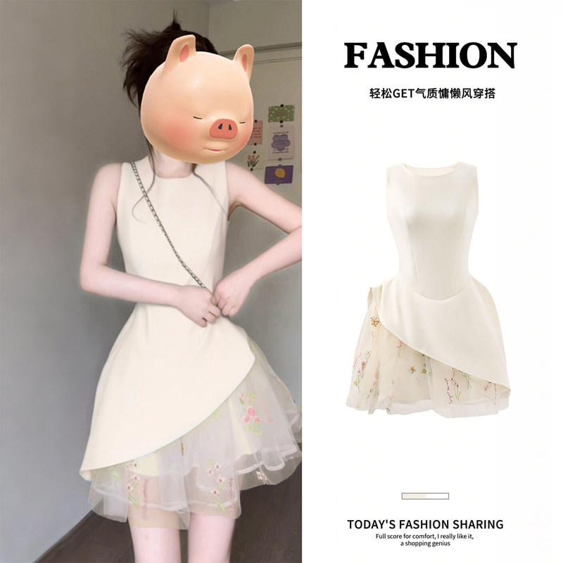 White Short Dress for Women, Perfect for Summer, Stunningly Beautiful, Waist-Cinching, Floral Puff Skirt, Suitable for Petite Figures