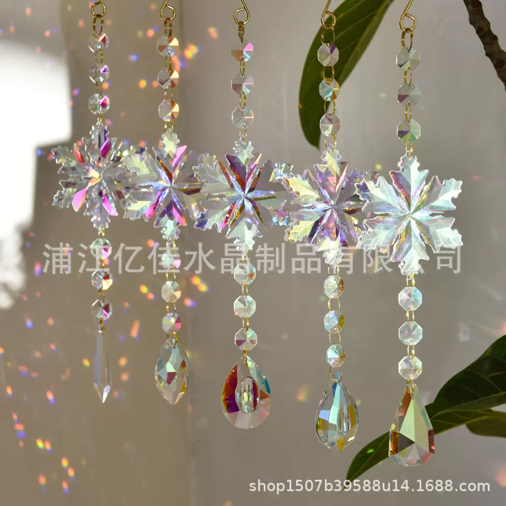 temu跨境家居窗户装饰品圣诞AB彩水晶雪花5件套太阳捕手风铃挂件