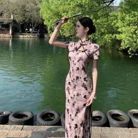 复古气质短袖印花性感镂空开叉长裙蚀骨年轻款改良旗袍连衣裙女夏