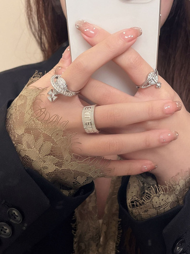 Minimalist Design, High-End Aesthetic, Earthly Starry Planet, Full Diamond Micro-Setting Letter Open Ring, Fashion Universe Geometric Set