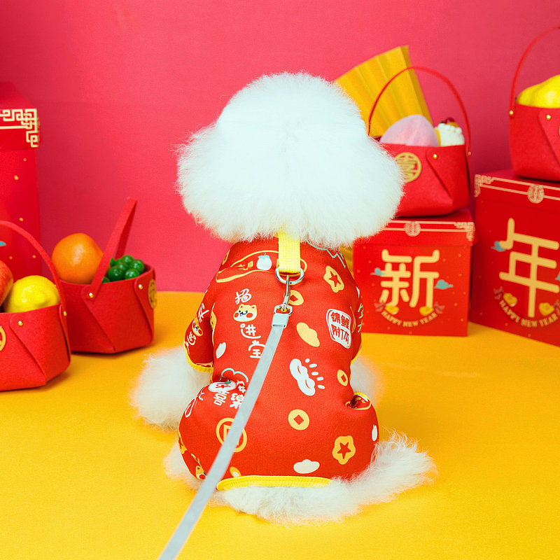 狗狗新年裝寵物衣服貓衣服泰迪比熊中小型犬衣服牽引24喜慶四腳衣