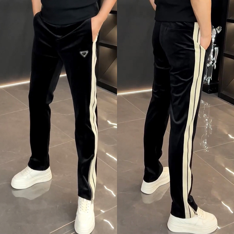 Autumn European fashion brand velvet straight sweatpants men's high-end ribbon stitching wide-leg pants versatile slim fit casual trousers