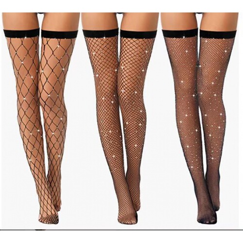 Black silk stockings, long and non-slip—summer over-the-knee style, featuring sexy lace and rhinestone accents. Thin, spring-ready design for women.