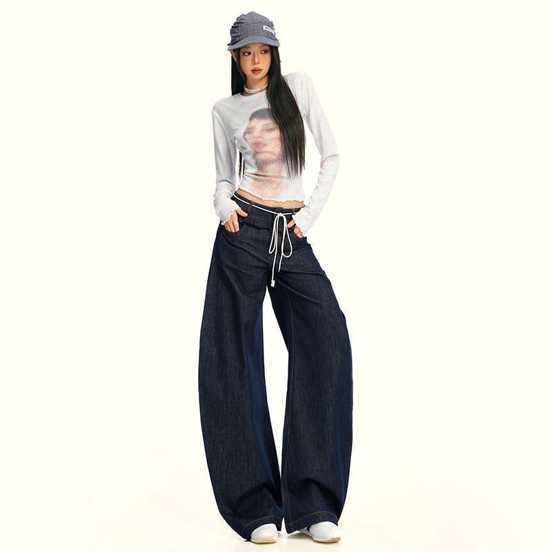 In-Stock Ruffled Double-Waistband Long Pants with Curved Design Jeans for Dropshipping