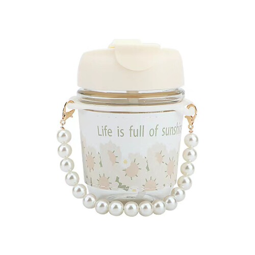High-looking ins style pearl chain sunflower double drinking straw cup home office small fresh portable glass water cup