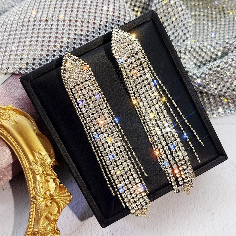fashion long temperament tassel rhinestone earrings for women silver needle personality exaggerated internet celebrity trend shape earrings_voghion.com