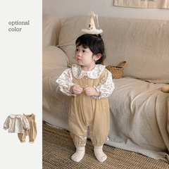 織里童裝1-3歲女童套裝韓版洋氣碎花上衣背帶褲兩件套嬰兒外出服2