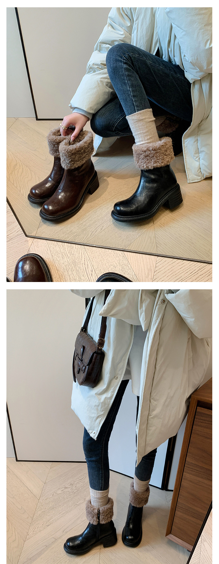 Boot nữ mũi tròn cổ ngắn lót lông giữ ấm gót cao — màu đen chi tiết 14