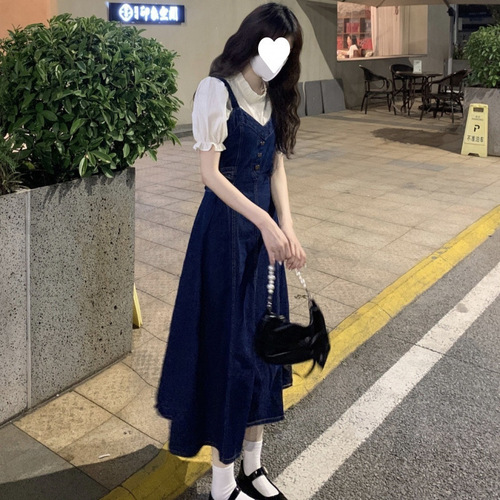 Complete set with age-reducing suit dress, summer denim/cotton suspenders, long dress, small, slightly plump and slimming suspenders,