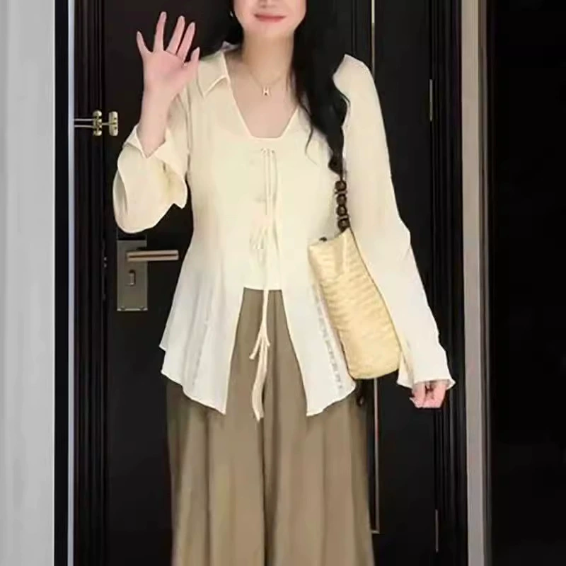 Гонконгский стиль ретро-POLO воротник с солнцезащитным кардиганом Женский повседневный шикарный шикарный шикарный с тонкими расклешенными рукавами темпераментный шифоновый свитер