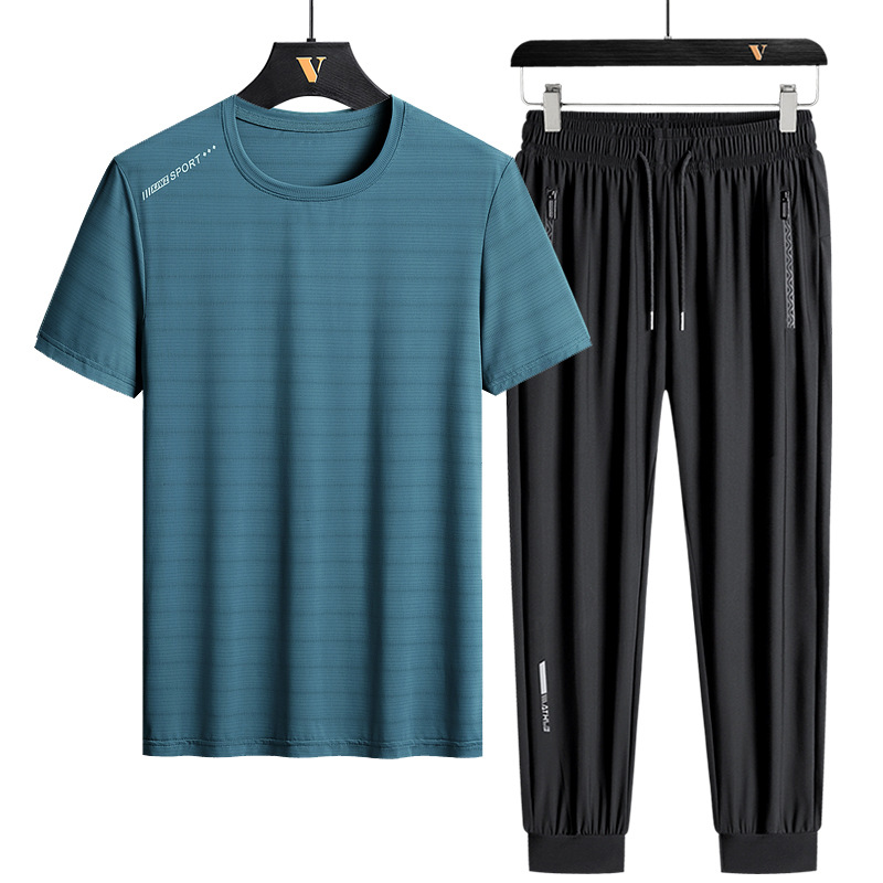 Traje de seda helada L-8X para hombre, conjunto deportivo de verano de manga corta, talla grande, holgado, de secado rápido, conjunto casual de dos piezas para hombre