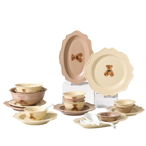 Ins Bear Set of Tableware Set Nordic Home Use Plate Bowl Spoon Western Dinnerware Cute Ceramic Tableware Gift Box Wholesale