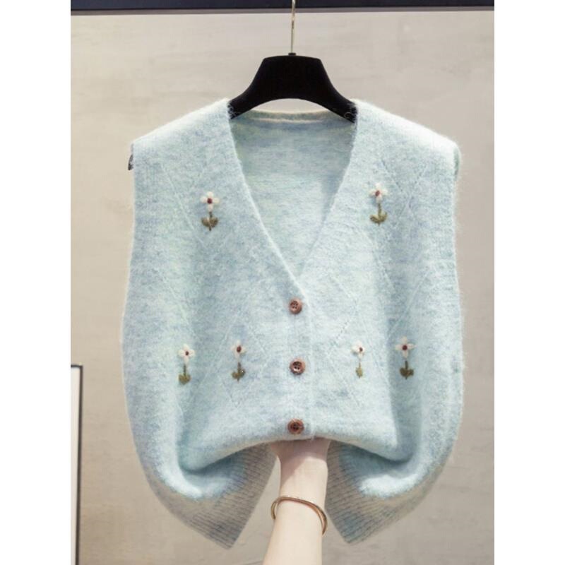 Embroidered cardigan V-neck knitted women's vest 2026 autumn and winter new loose-fitting outerwear sweater vest