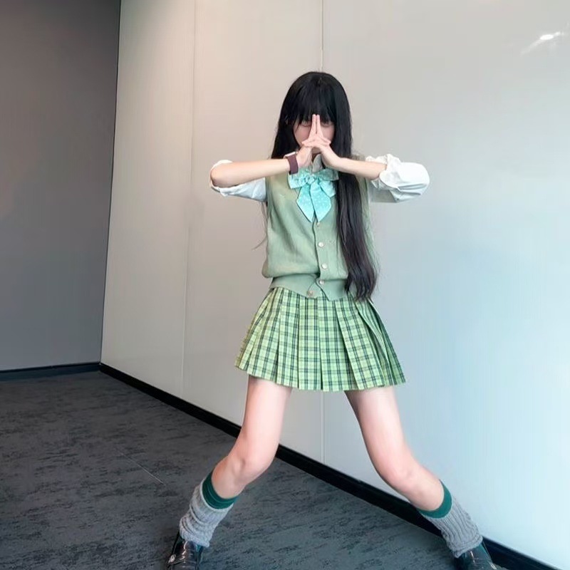 【小青梅】日系jk制服原创正版高腰半身裙学生校供学院风绿色格裙|undefined