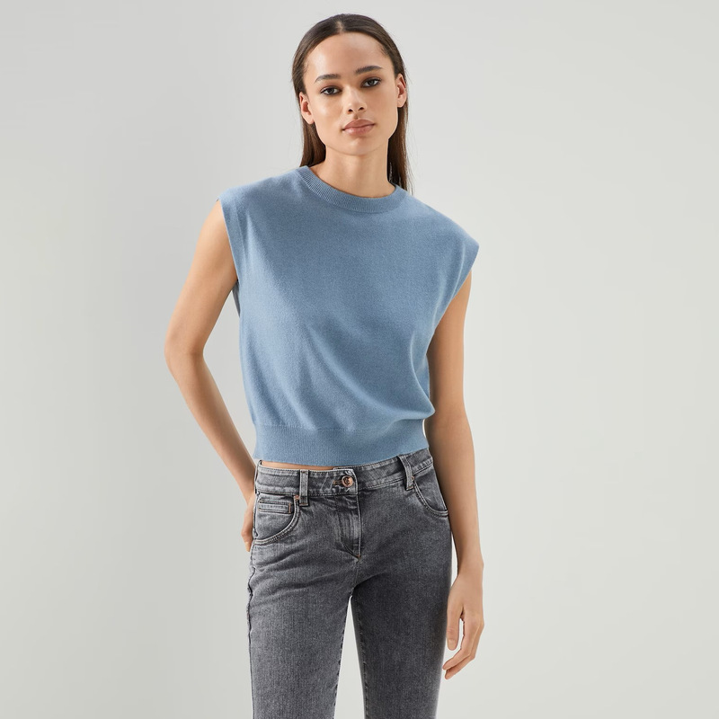 Yijian2025 New Wool Knitted Sleeveless Short Sweater European and American Accessible Luxury Shiny Bead Chain Fashion Pullover for Women