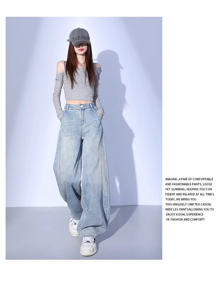Quần jean nữ cạp cao ống đứng ống rộng phong cách giản dị mùa thu — Quần crop màu xanh nhạt dành cho chiều cao dưới 158cm., Màu xanh nhạt, được khuyên dùng cho chiều cao từ 164cm (5'4") trở lên., Quần màu xanh nhạt khuyến nghị 158-164cm chi tiết 10