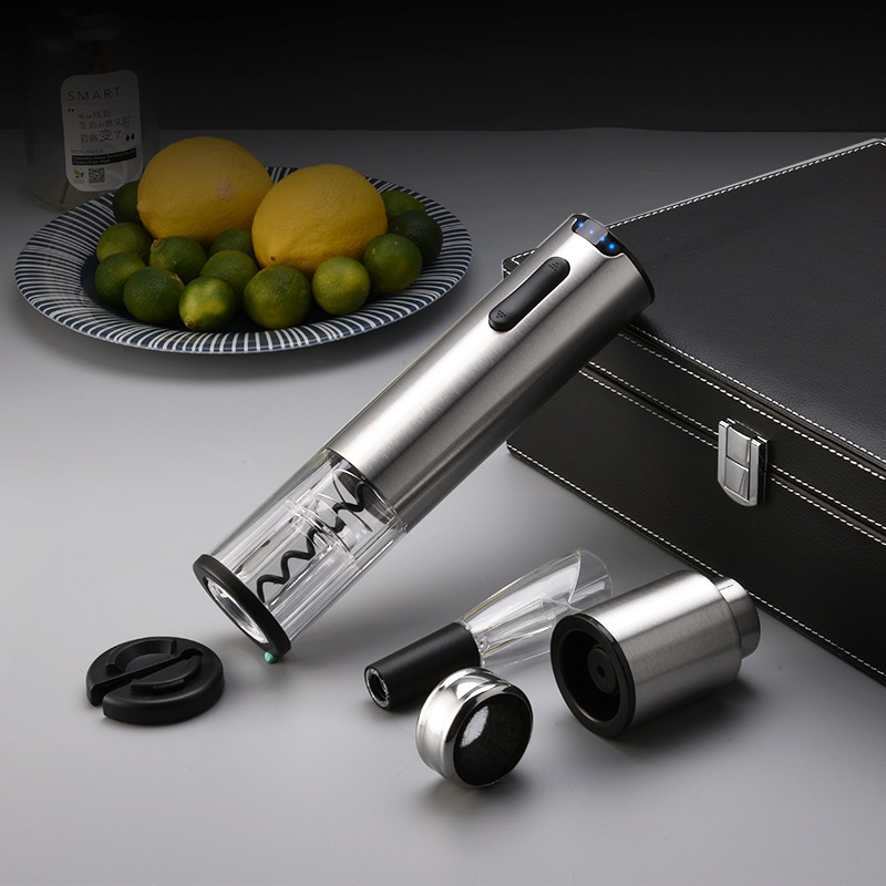 Pequeños electrodomésticos personalizados de fábrica caja de cuero de regalo de alta gama juego de vino destornillador eléctrico juego de abrebotellas de vino tinto cinco en uno
