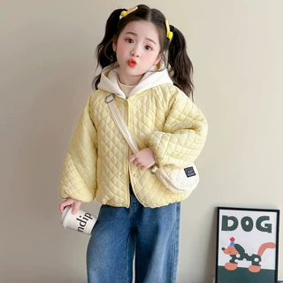 女童绗棉外套秋冬季2026新款儿童加厚棉衣小女孩纯色休闲连帽冬装