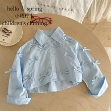 小咸柠七代发批发女童蝴蝶结衬衫春秋新款儿童休闲女孩短款衬衣潮