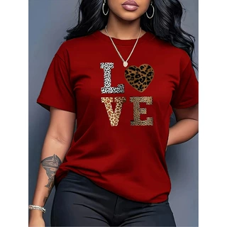 【跨境欧码】Fashion White "Love" Leopard Heart Pattern T-shi