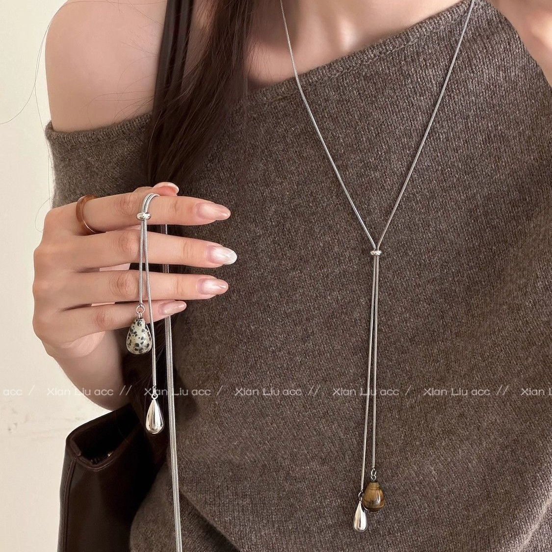 Tiger Eye Stone Water Drop Pull Necklace Women's 2025 New Hot Style Light Luxury Niche Design Long Sweater Chain Accessories