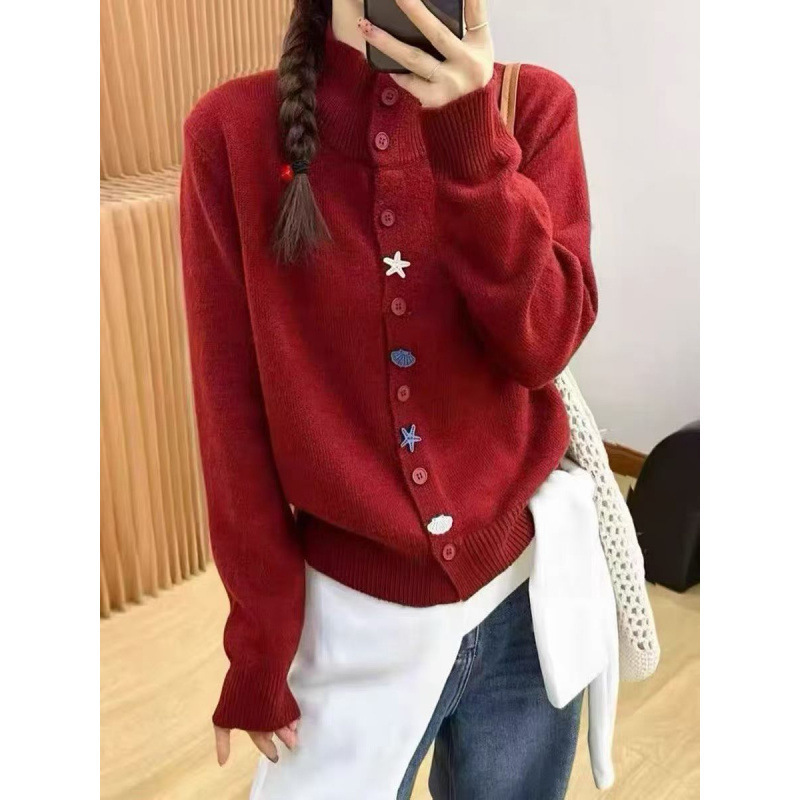 Korean-style solid color high-neck shell and starfish button 2026 autumn and winter fashion chic knitted cardigan sweater jacket for women