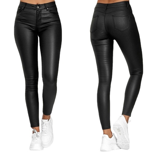 Cross-border European and American Amazon Wish High-waisted Plain Leather Casual Pants Mini Pants Foreign Trade PU Leather Pants Women's Long Pants